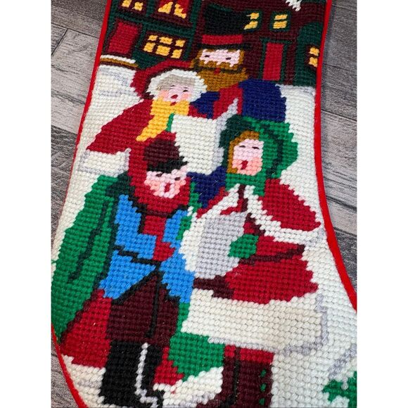 Needlepoint Christmas Stocking • “PEACE” • Carolers Scene • Large 20” • Red Back - Picture 5 of 5